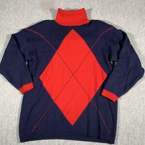 Vintage‎ The Villager Sweater Womens Large Blue Red Turtleneck Argyle Wool 80s